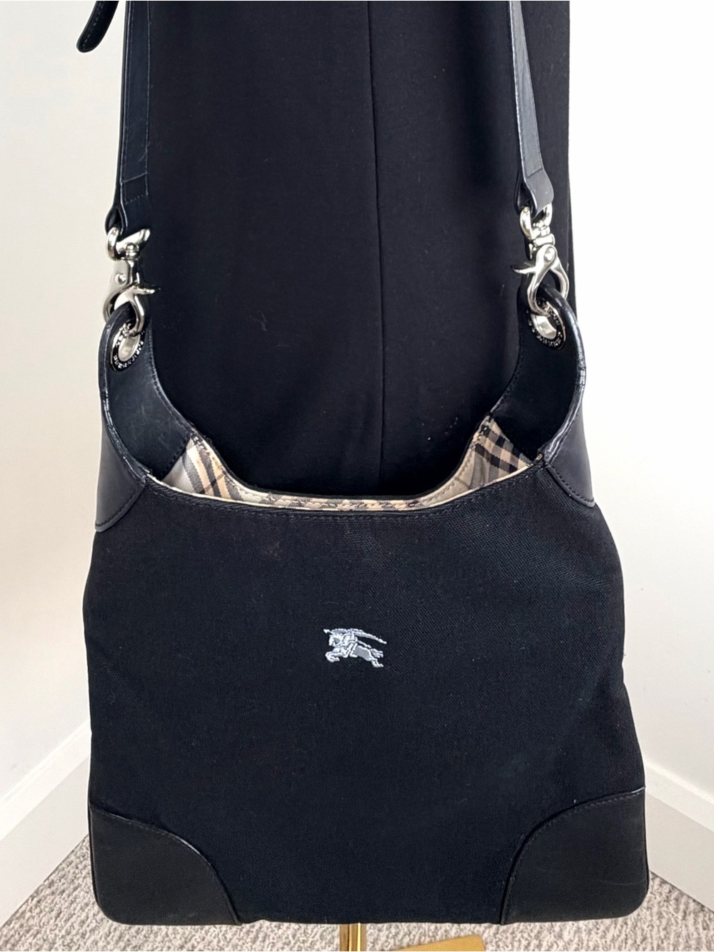 Burberry Black Leather and Canvas Shoulder Bag Nova Check Lining Silver Hardware